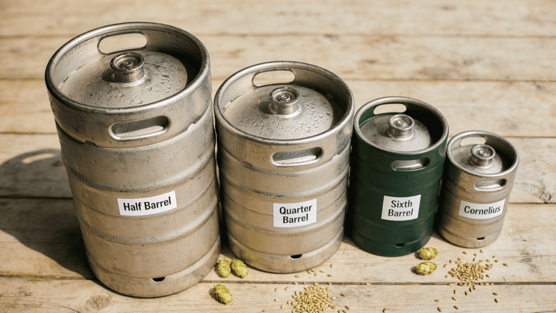 Four stainless steel kegs in descending sizes on a wooden surface with scattered hops and barley grains.