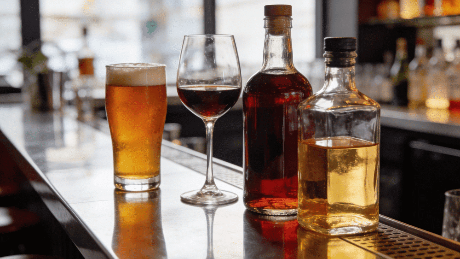 A pint of beer, a glass of red wine, and two spirit bottles lined up on a bar counter.