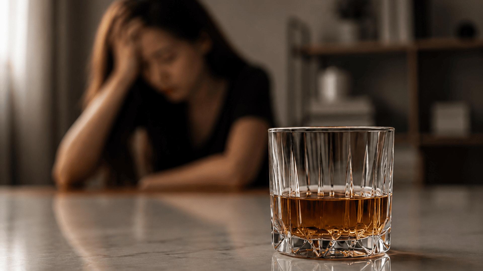 Alcohol glass in sharp focus with a blurred woman sitting thoughtfully in the background.