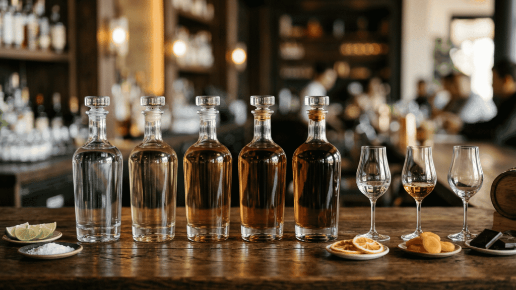 A row of five glass bottles filled with amber-colored tequila, arranged neatly on a dark wooden bar counter. Each bottle is accompanied by a small tasting glass filled with a small amount of tequila. In the foreground, there are small plates containing lime wedges and orange slices to accompany the drinks, with a warm, softly blurred background of a bar or distillery.