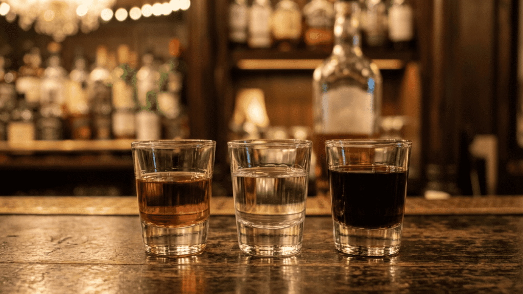 Three shot glasses with whiskey, vodka, and wine on a wooden bar counter