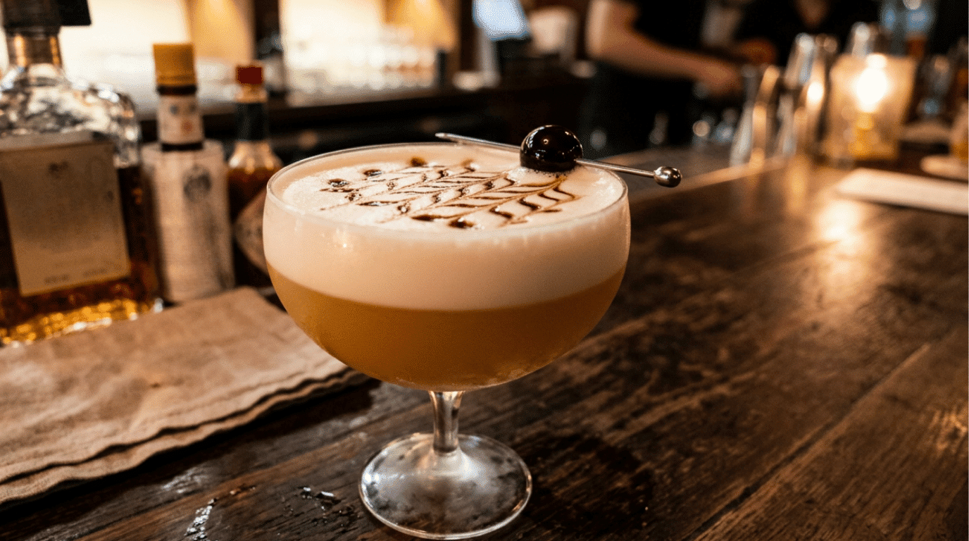Amaretto Sour cocktail topped with silky foam