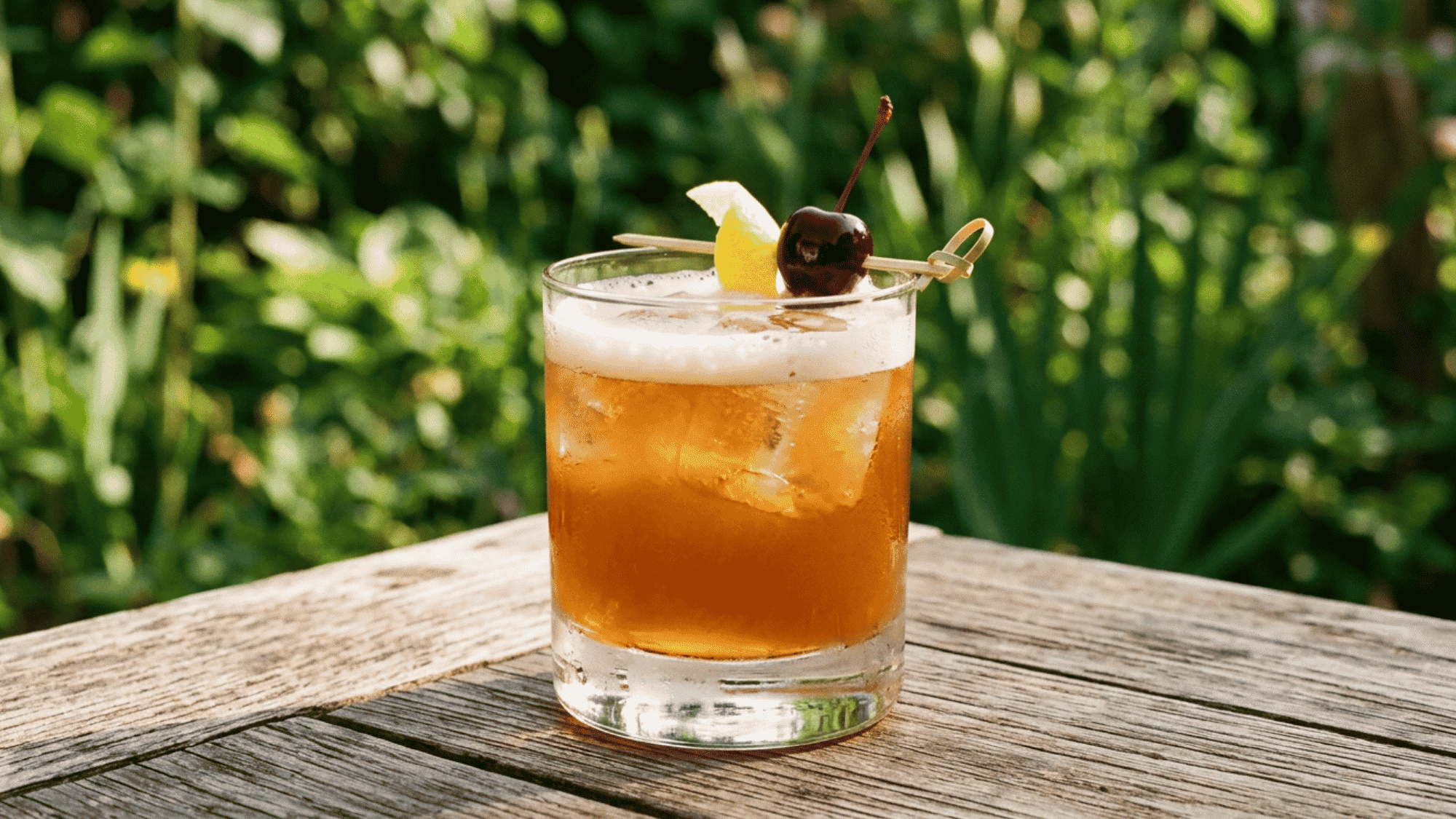 Amaretto Sour with foam, cherry, lemon, and ice in a rocks glass