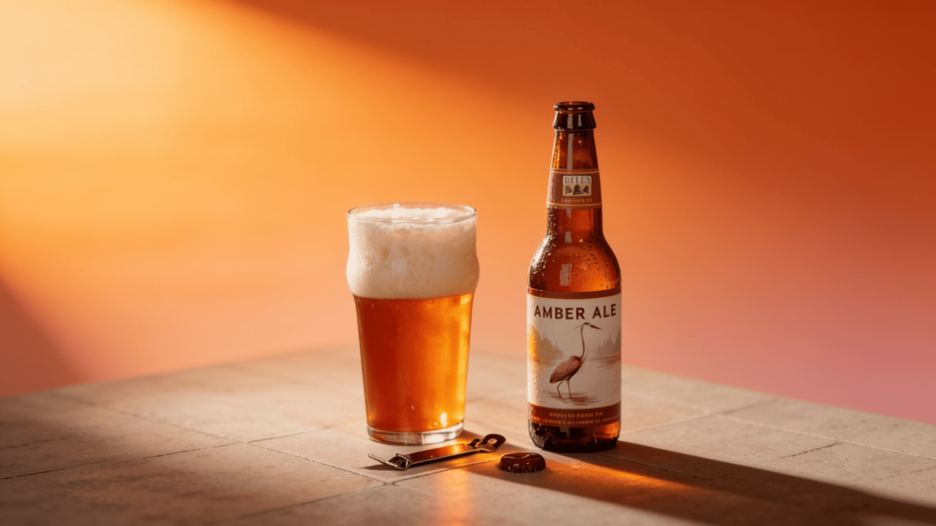 amber ale shown with a peach soft background