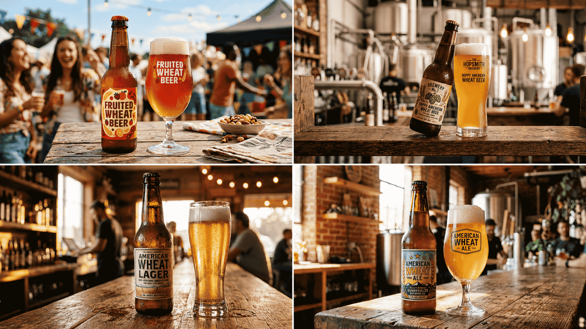 Collage of American wheat beers including fruited, hoppy, lager styles