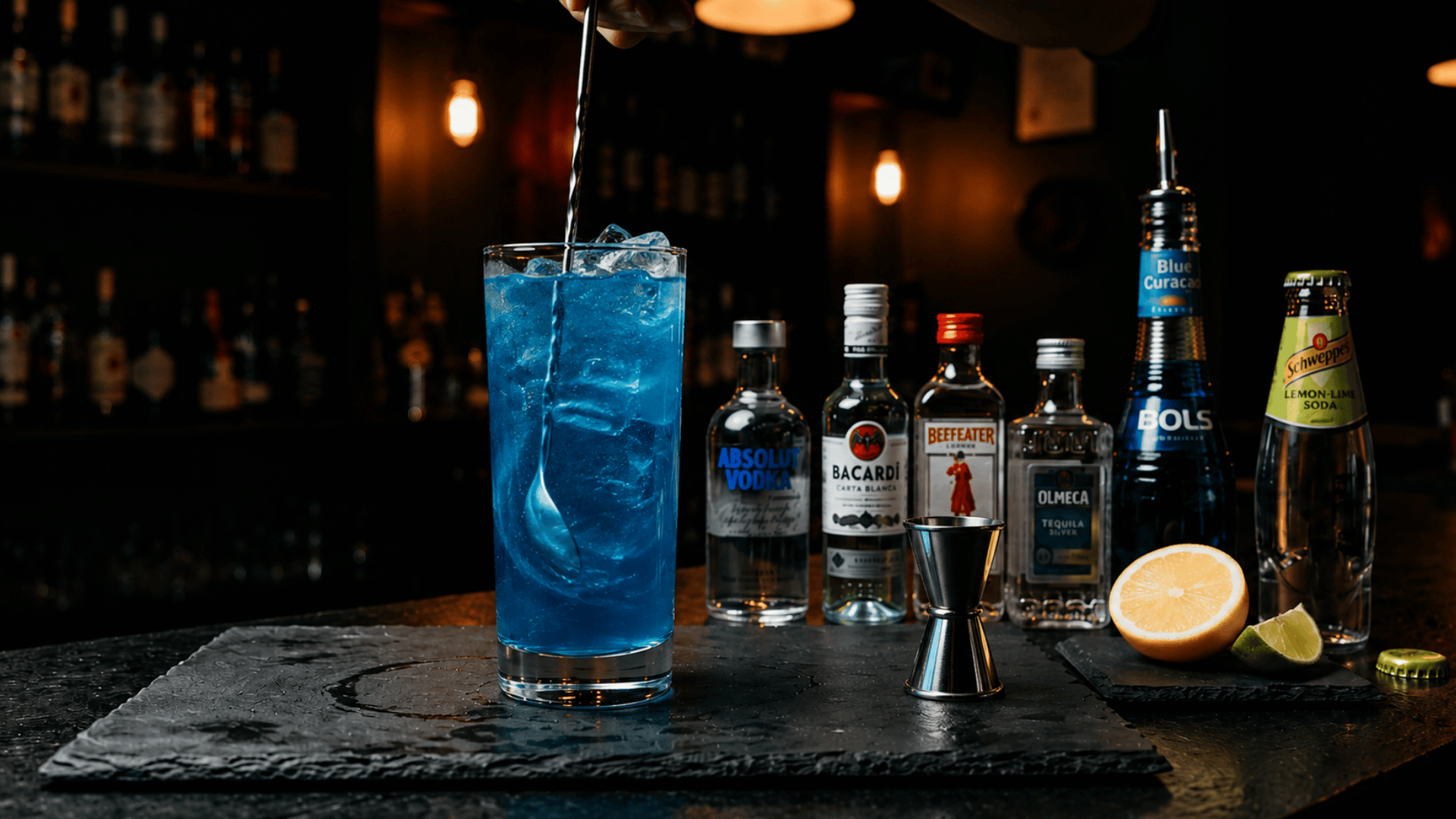 Silver bar spoon stirring a deep blue cocktail mixture in a tall highball glass