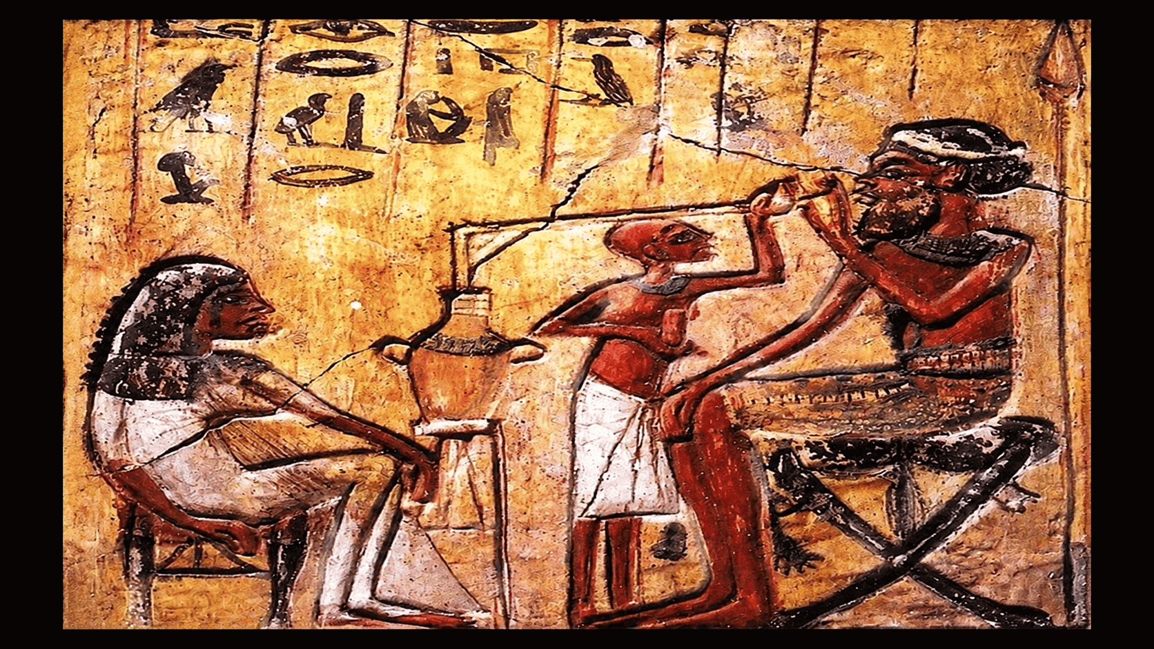 Ancient wall painting showing early beer brewing and drinking scene with figures and hieroglyphs