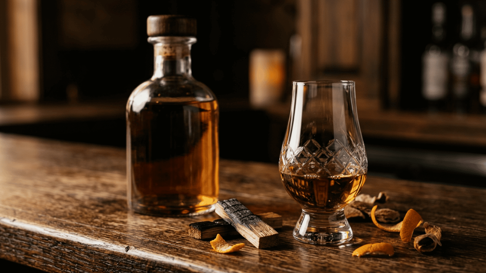 A close-up shot of rich, amber-colored añejo tequila in a sipping glass, showcasing the deep color gained from long-term oak barrel aging.
