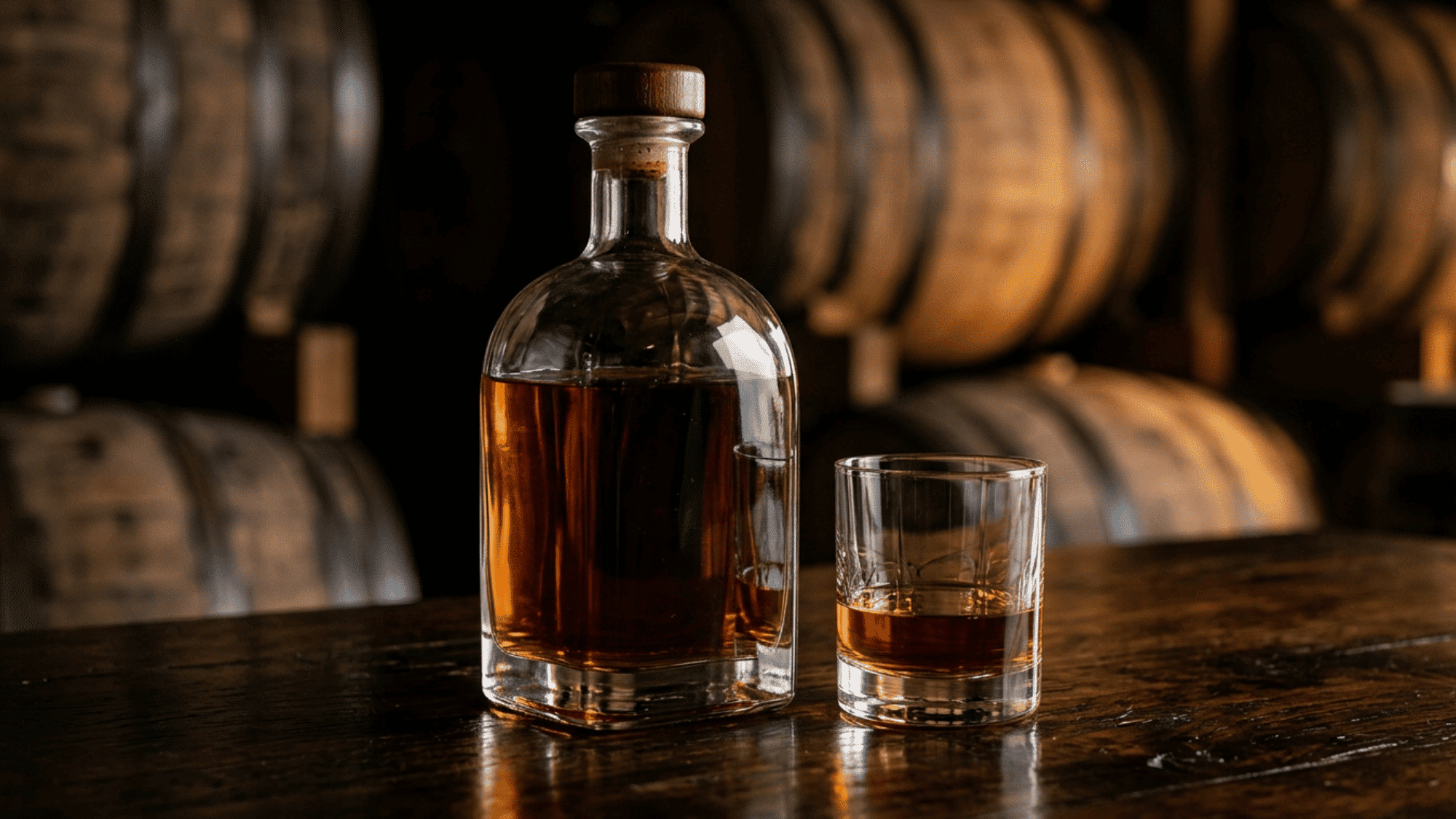 An elegant glass bottle of aged amber añejo tequila resting on a dark wooden counter, showing its deep golden color from barrel aging.
