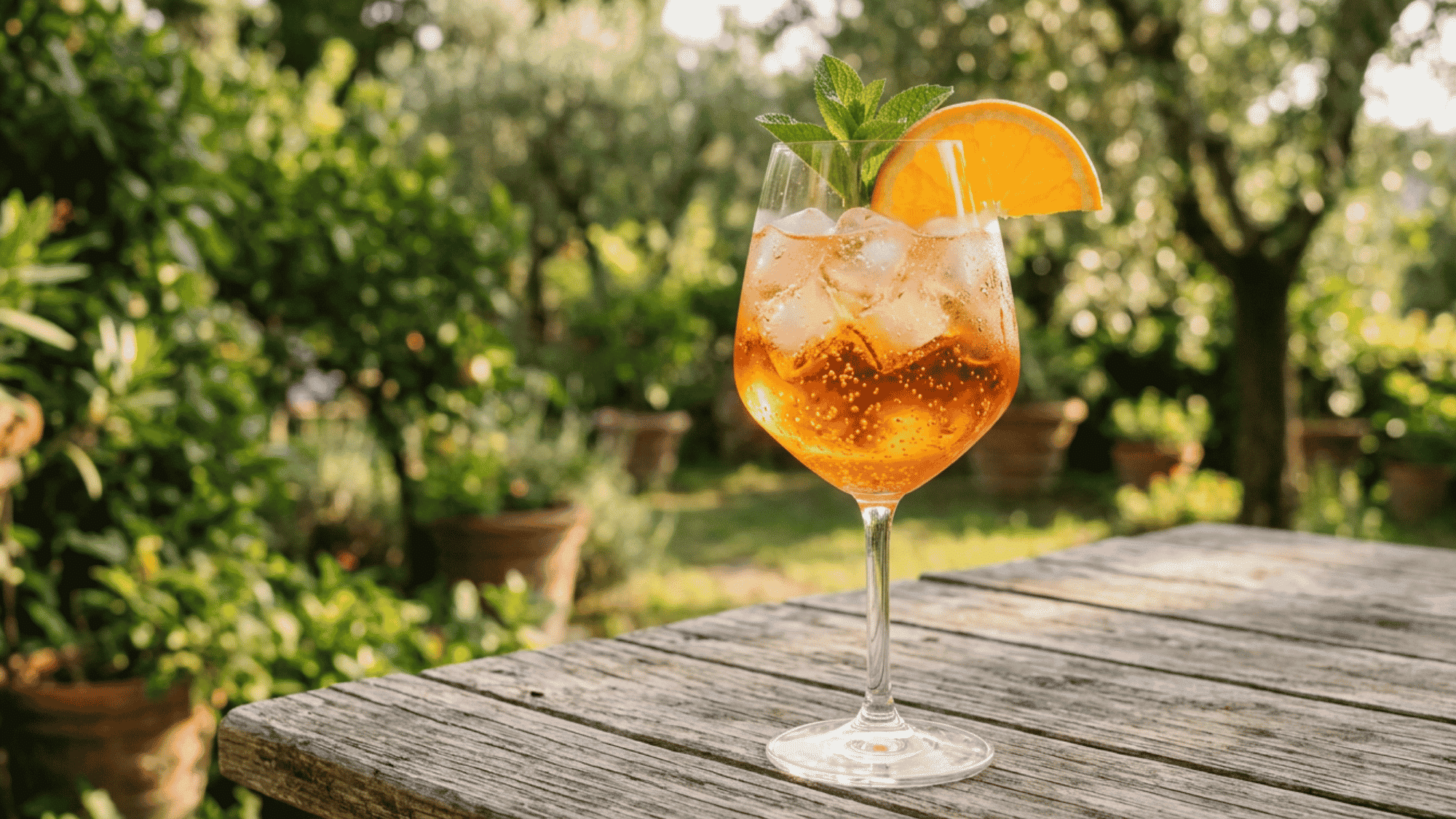 Aperol Spritz with orange slice, ice, and bubbles in a wine glass