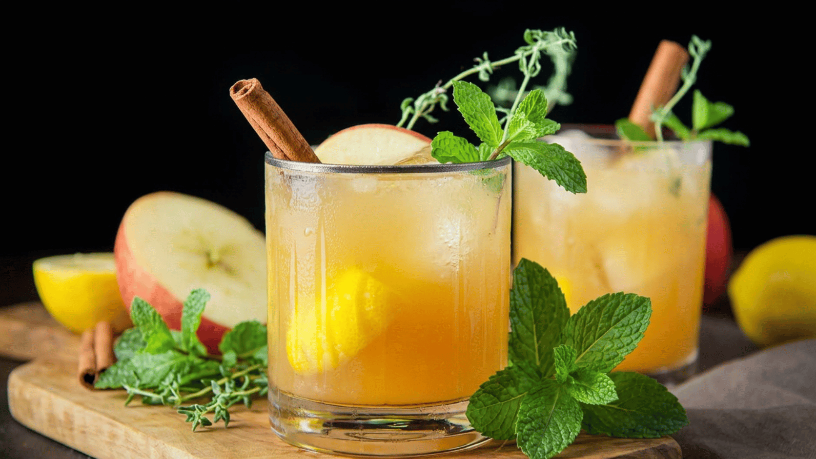 Apple cider bourbon smash cocktail with cinnamon, mint, apple slice, and ice on a wooden serving board.