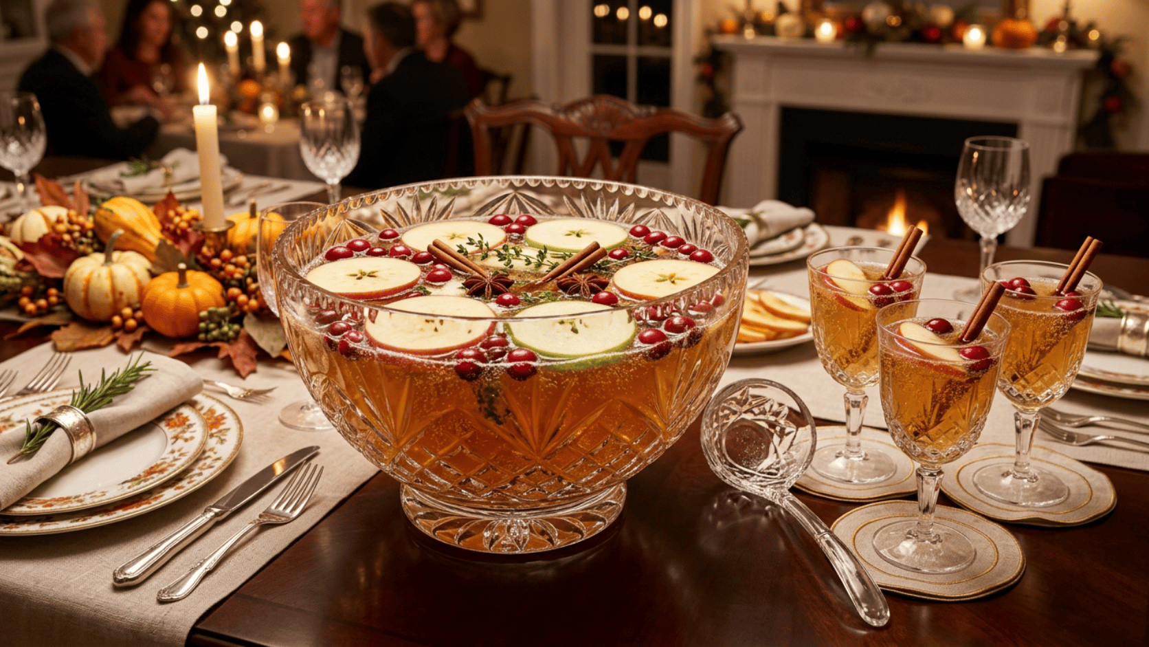 Spiced Apple Cider Punch in a punch bowl, garnished with fresh apple slices and cinnamon sticks.