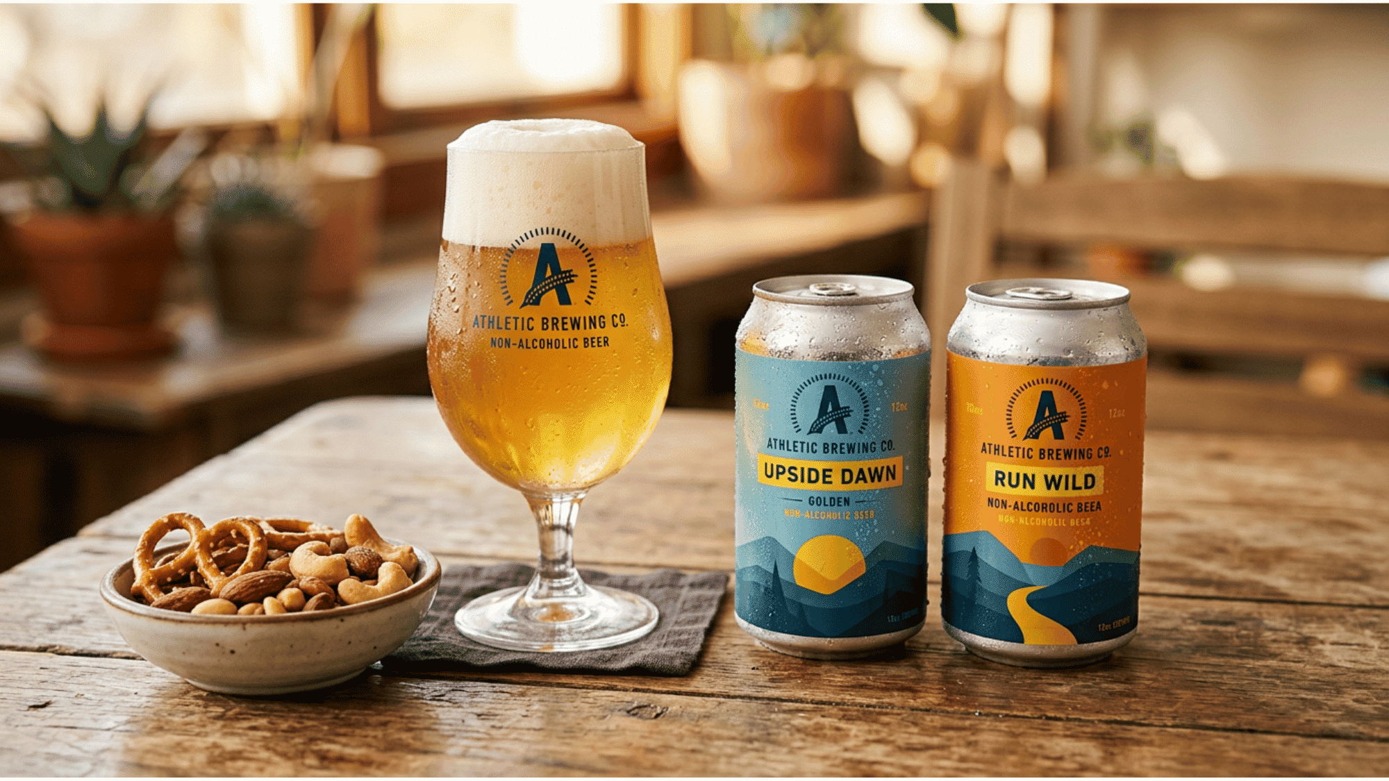 Athletic Brewing non-alcoholic beer with cans, foam glass, pretzels, and nuts