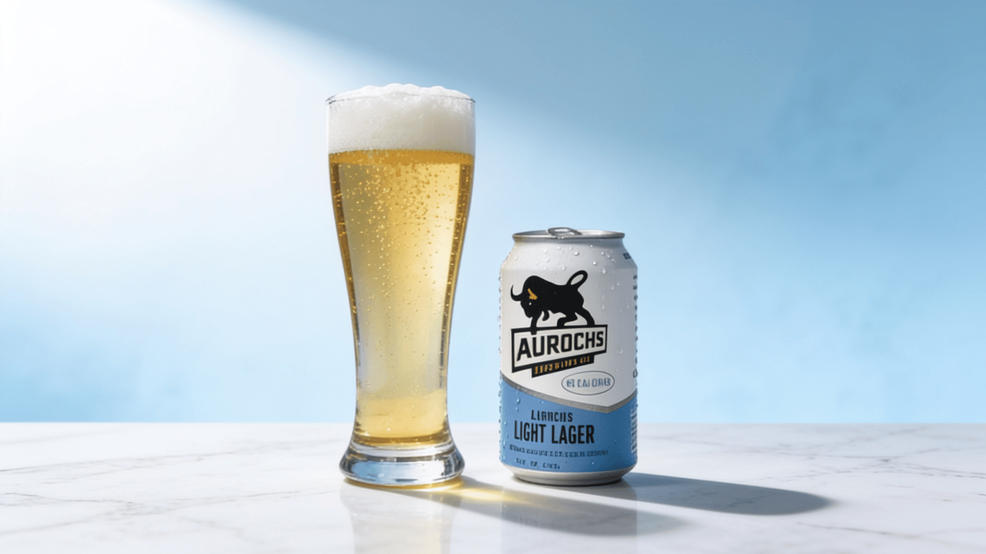 Aurochs Light Lager white and blue can beside a tall pilsner glass of crisp pale golden lager on a white marble surface with an ice blue background.