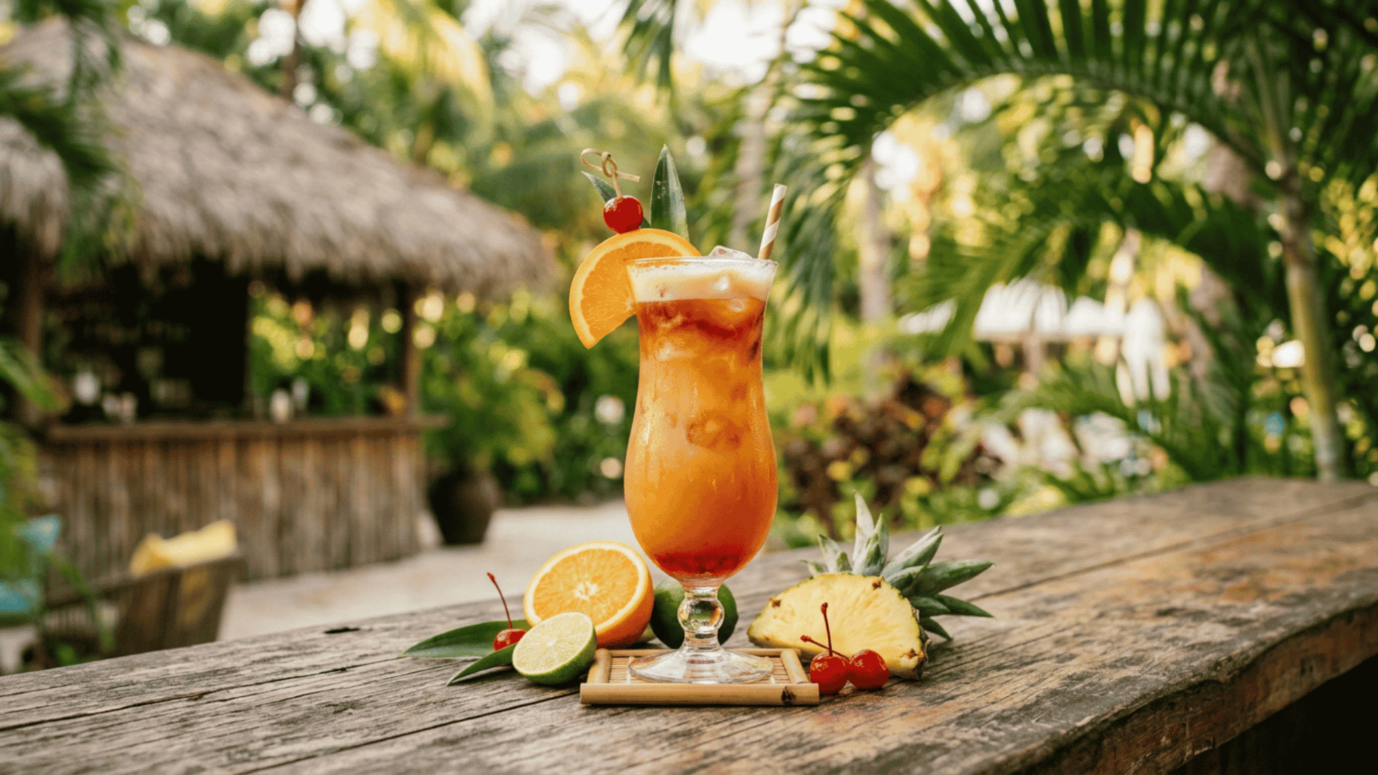 Bahama Mama cocktail with orange, cherry, and pineapple garnish on a rustic tropical bar table.