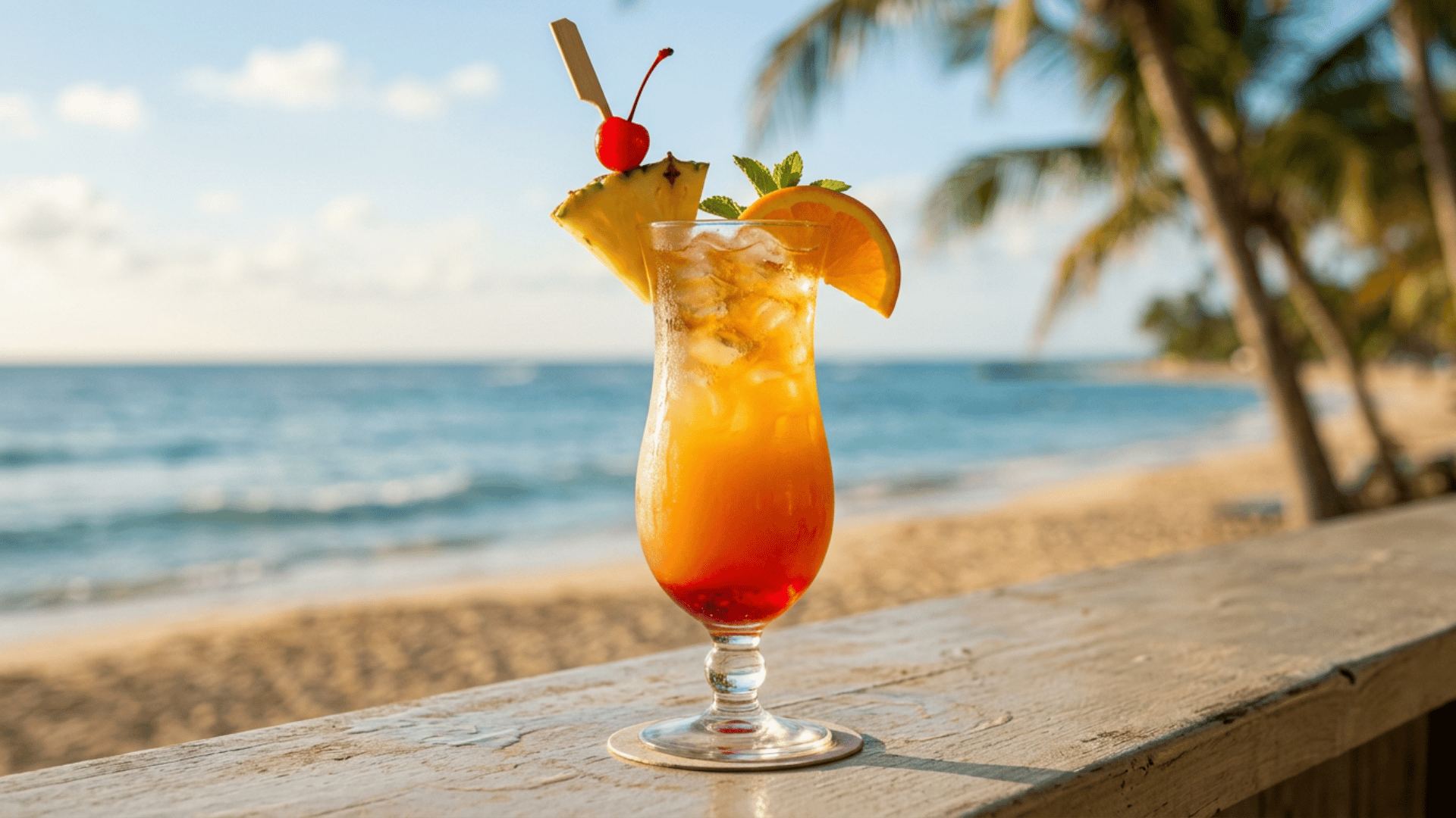 Bahama Mama cocktail with tropical fruit garnish in a tall glass.
