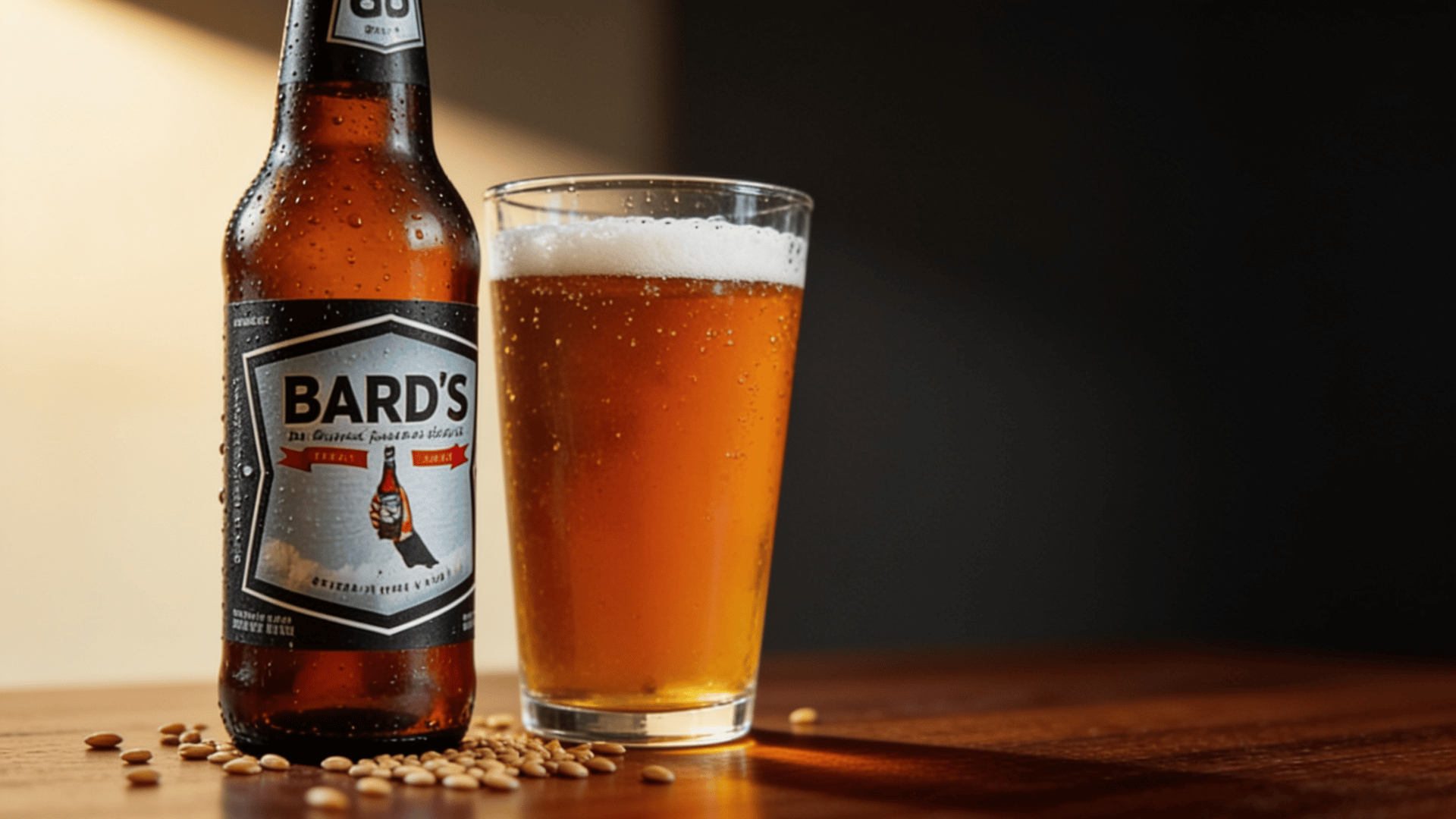 Bard's Gold amber bottle beside a pint glass of deep amber golden beer with sorghum grains on a dark walnut wooden surface.