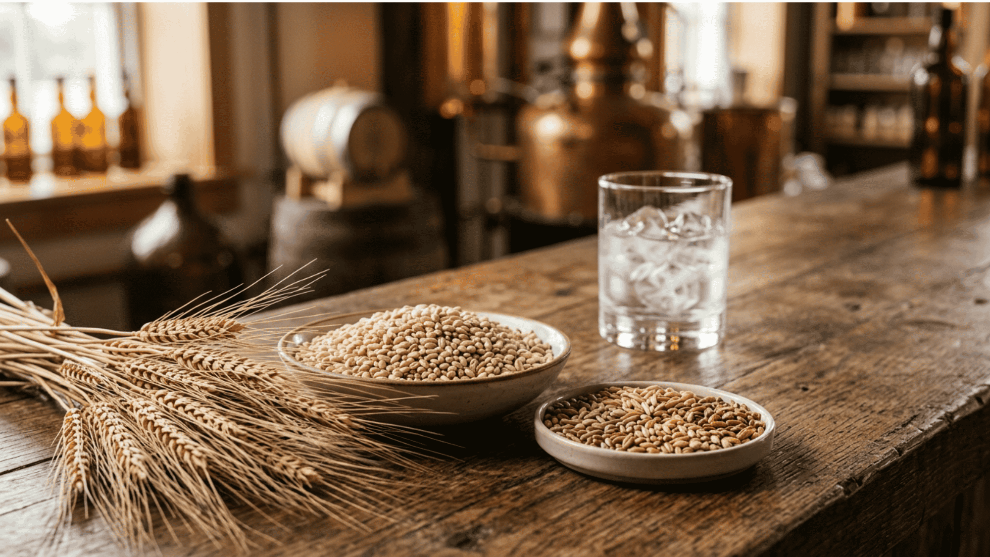 Barley stalks and mixed grains beside a vodka glass on a rustic bar