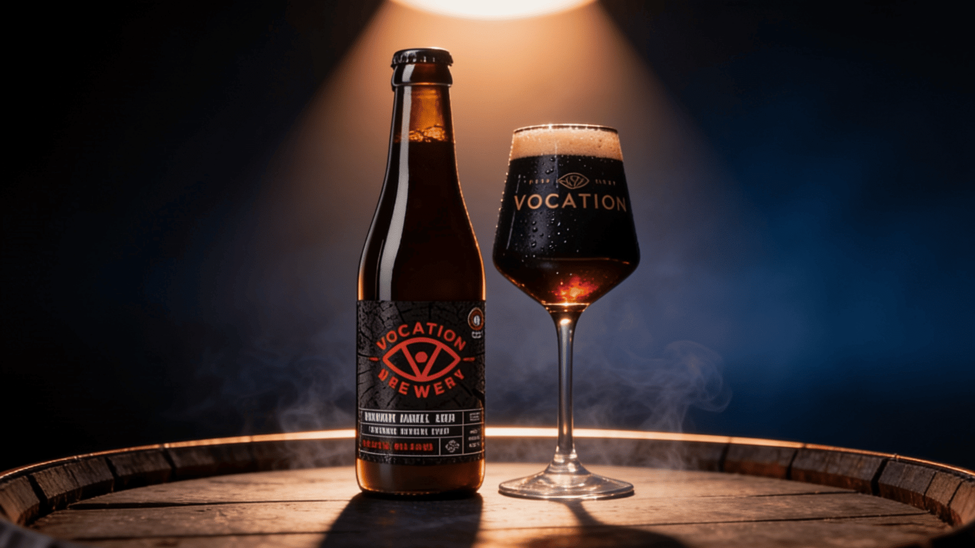 barrel aged beer shown with a dark blue background