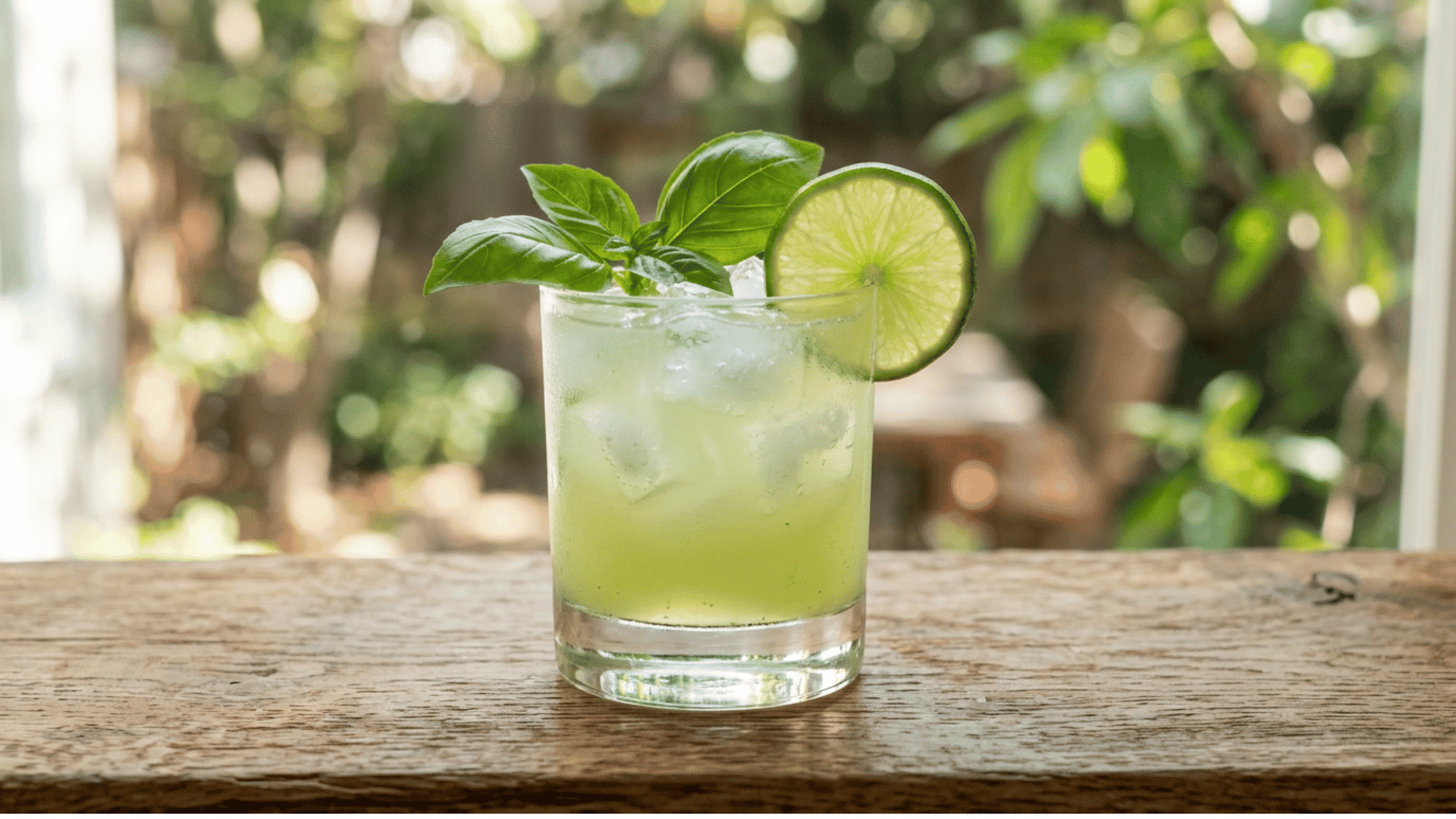Basil lime margarita with pale green color and basil leaf garnish