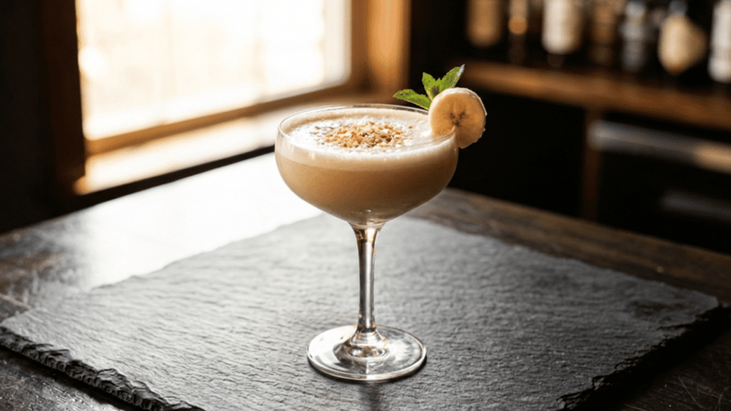 BBC drink in a coupe glass with banana slice and coconut flakes on a bar counter