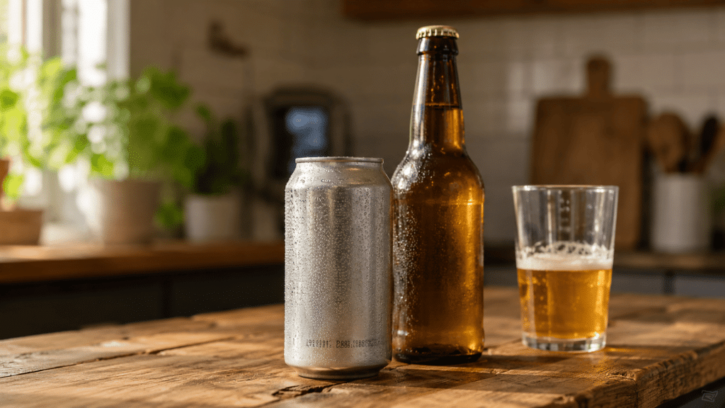 Cold beer can and bottle on rustic counter showing freshness and expiration concept clearly.
