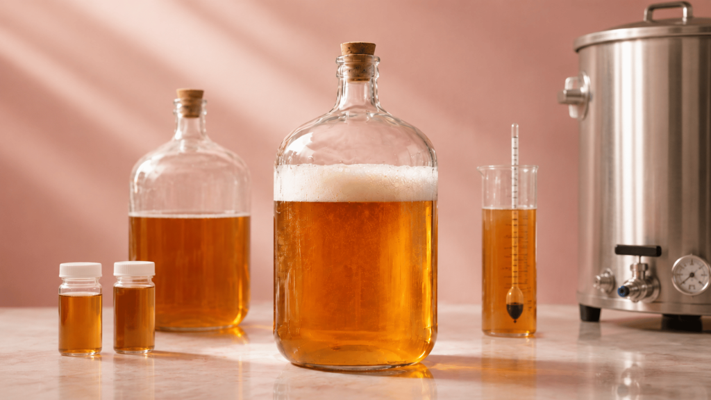 Glass beer fermentation vessel with amber wort, lab samples, hydrometer, and soft pink backdrop.