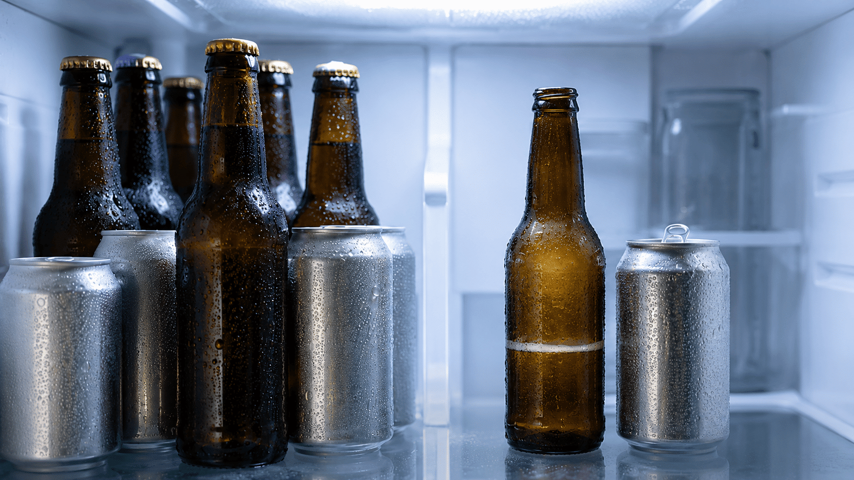 Beer bottles stored in fridge showing unopened and opened beer shelf life comparison clearly.
