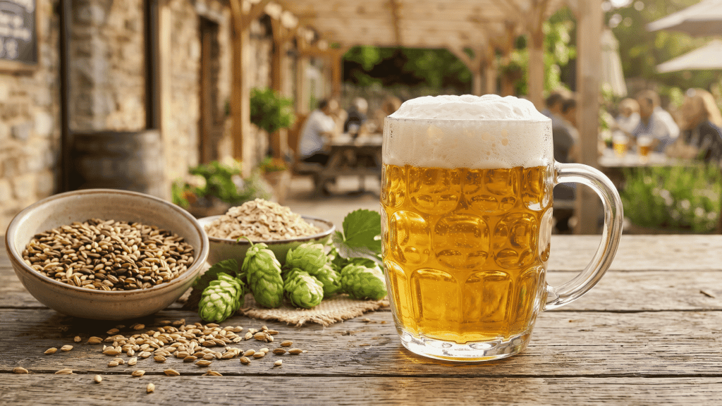 Glass mug of beer with malt grains and fresh hops on a rustic wooden table