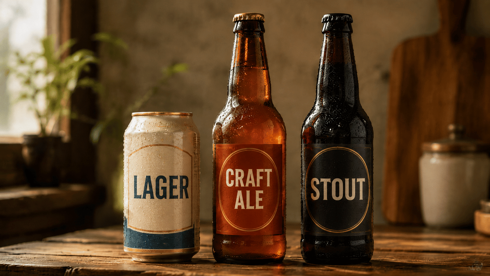 Three beer types showing shelf life differences for lager ale and stout storage guide.