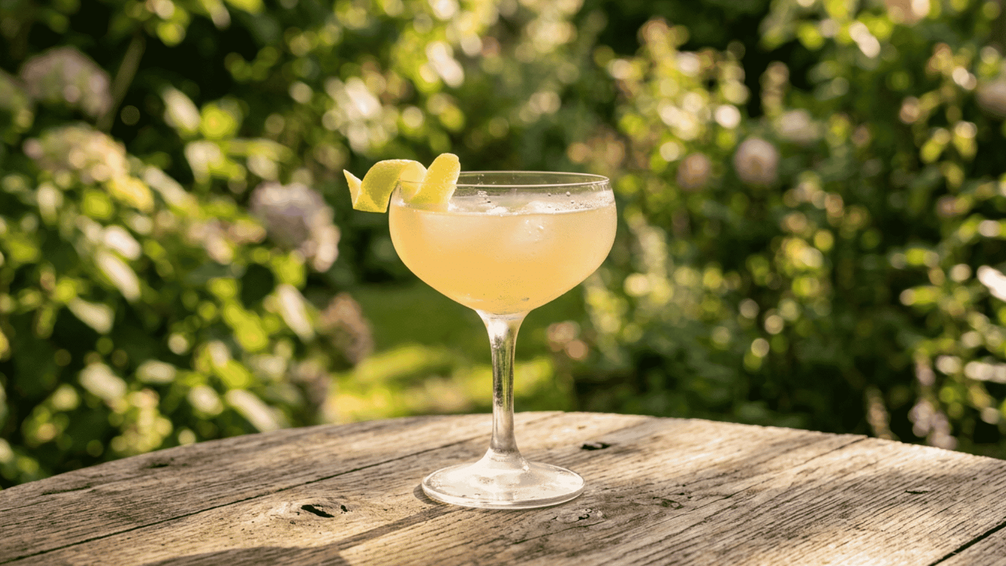 Bee’s Knees with lemon twist in a coupe glass on a wooden table
