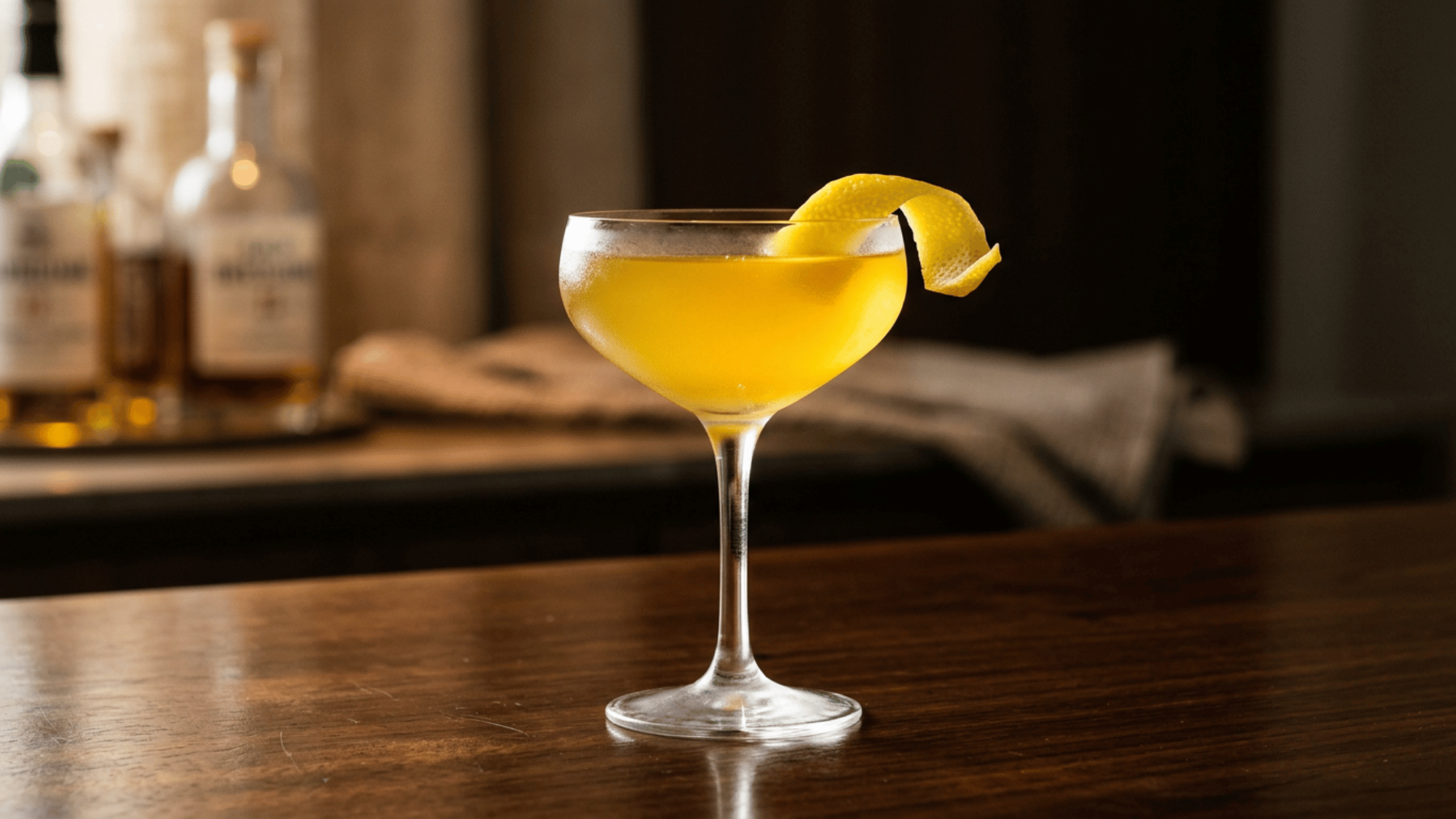 Bee’s Knees cocktail in a coupe glass with a curled lemon peel garnish