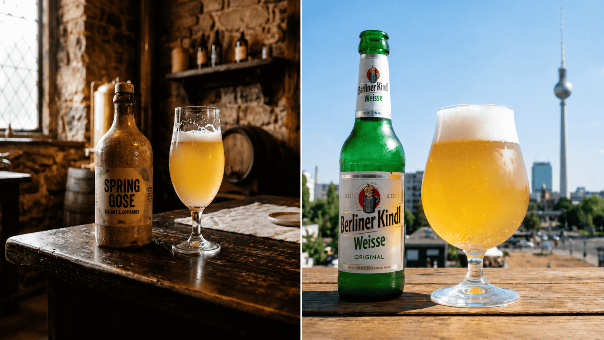 Biere Blanche and Witbier bottles with glasses at a Belgian style cafe