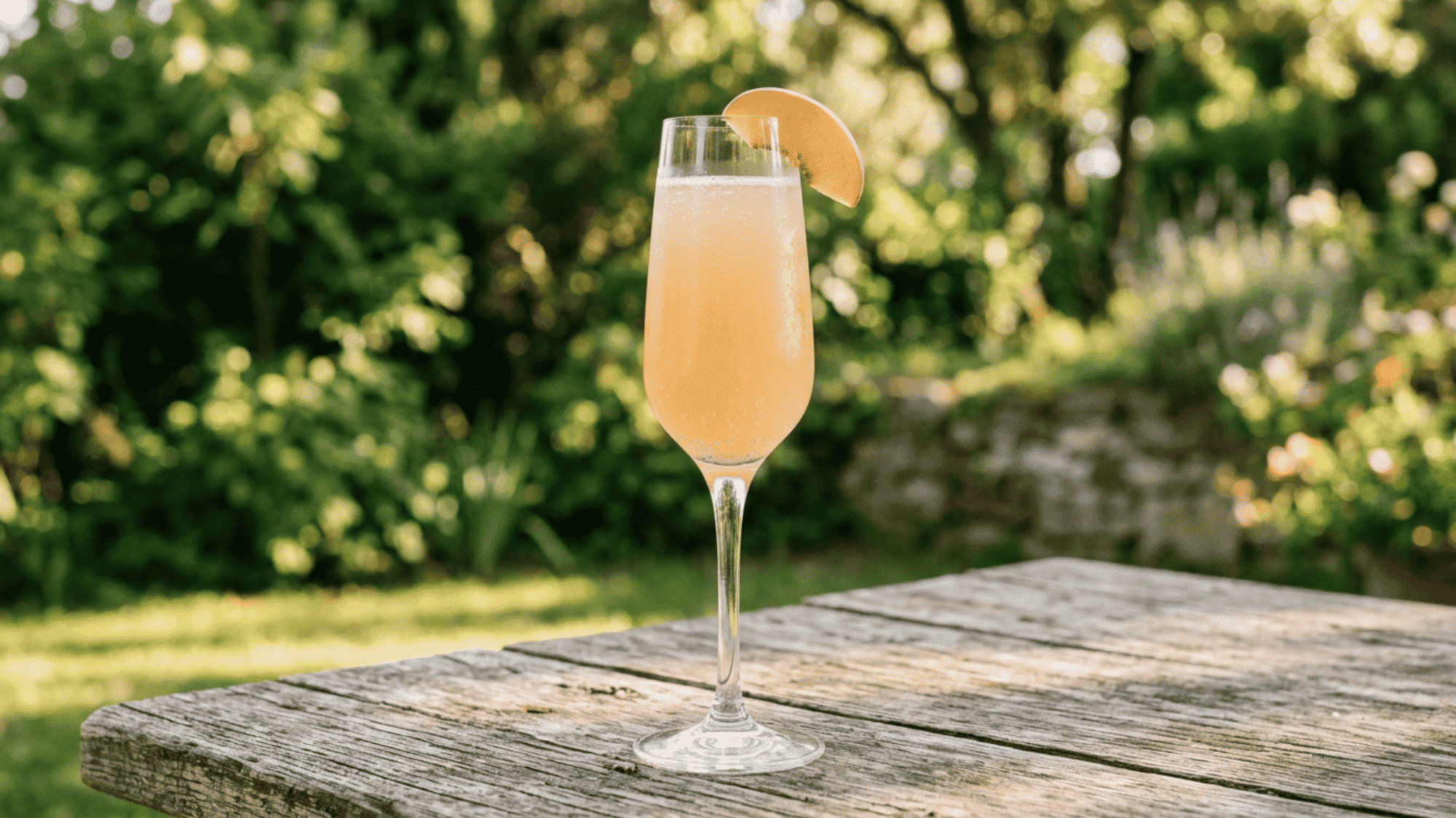Bellini with peach slice and fine bubbles in a flute glass