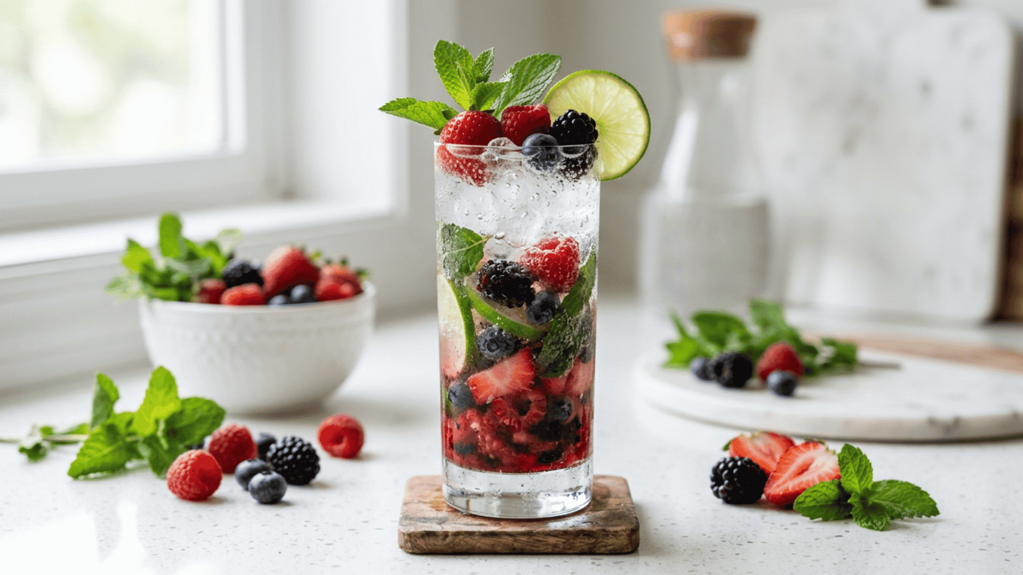Berry mojito with mint, lime, berries, and sparkling ice on a bright kitchen counter