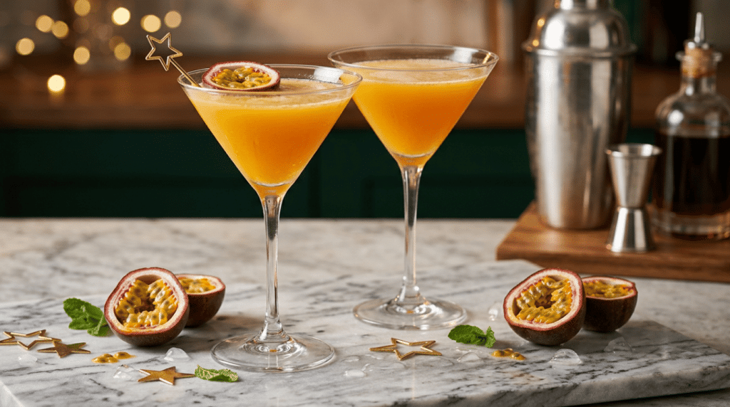 Two passion fruit cocktails in martini glasses on a marble bar, garnished with fresh passion fruit halves.