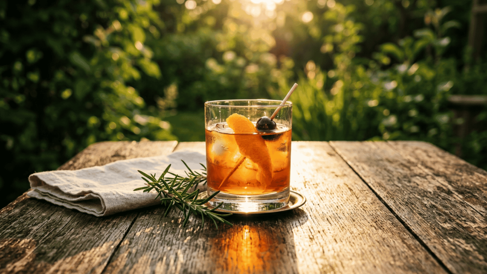 Old Fashioned whiskey cocktail in a rocks glass on a rustic wooden table at golden hour