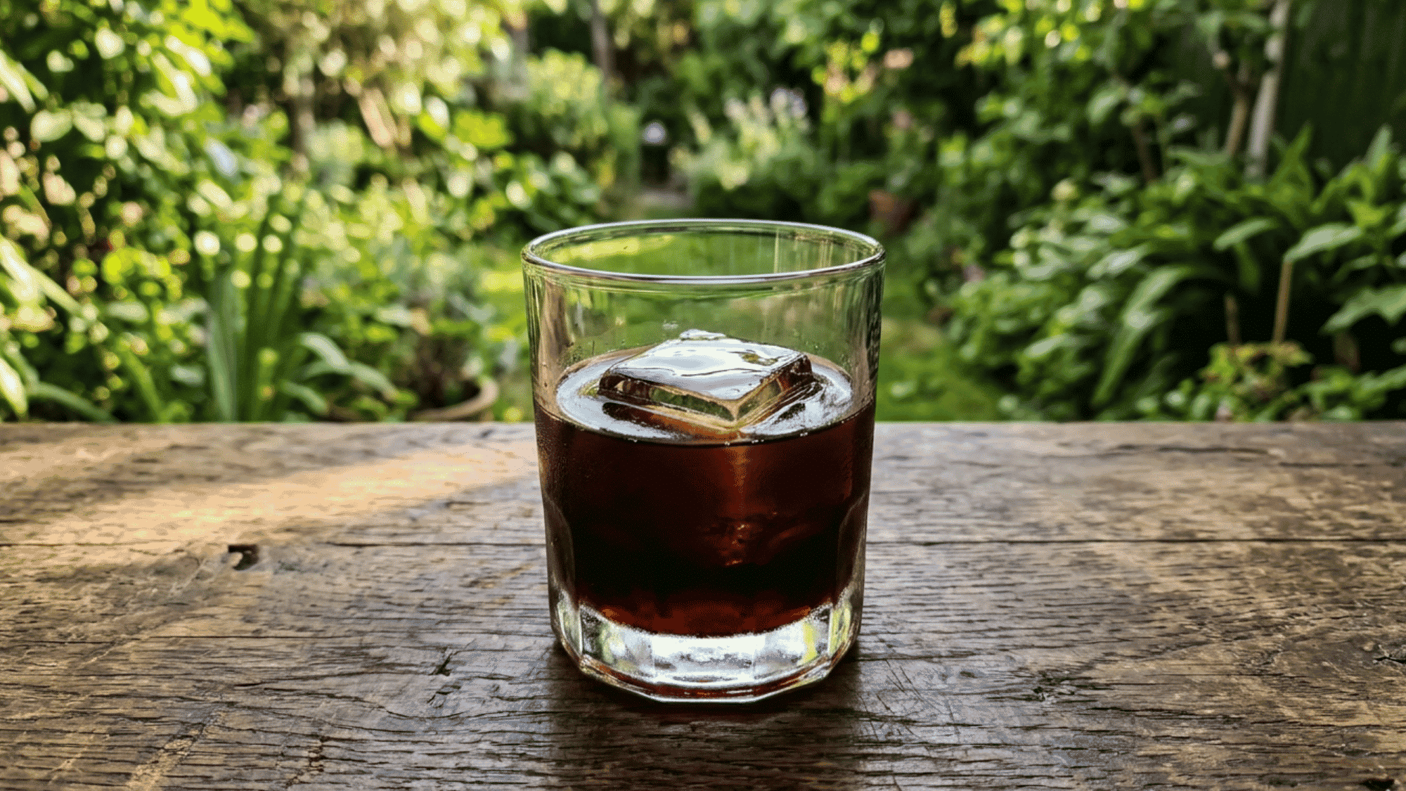 Black Russian with dark coffee liqueur and ice in a rocks glass