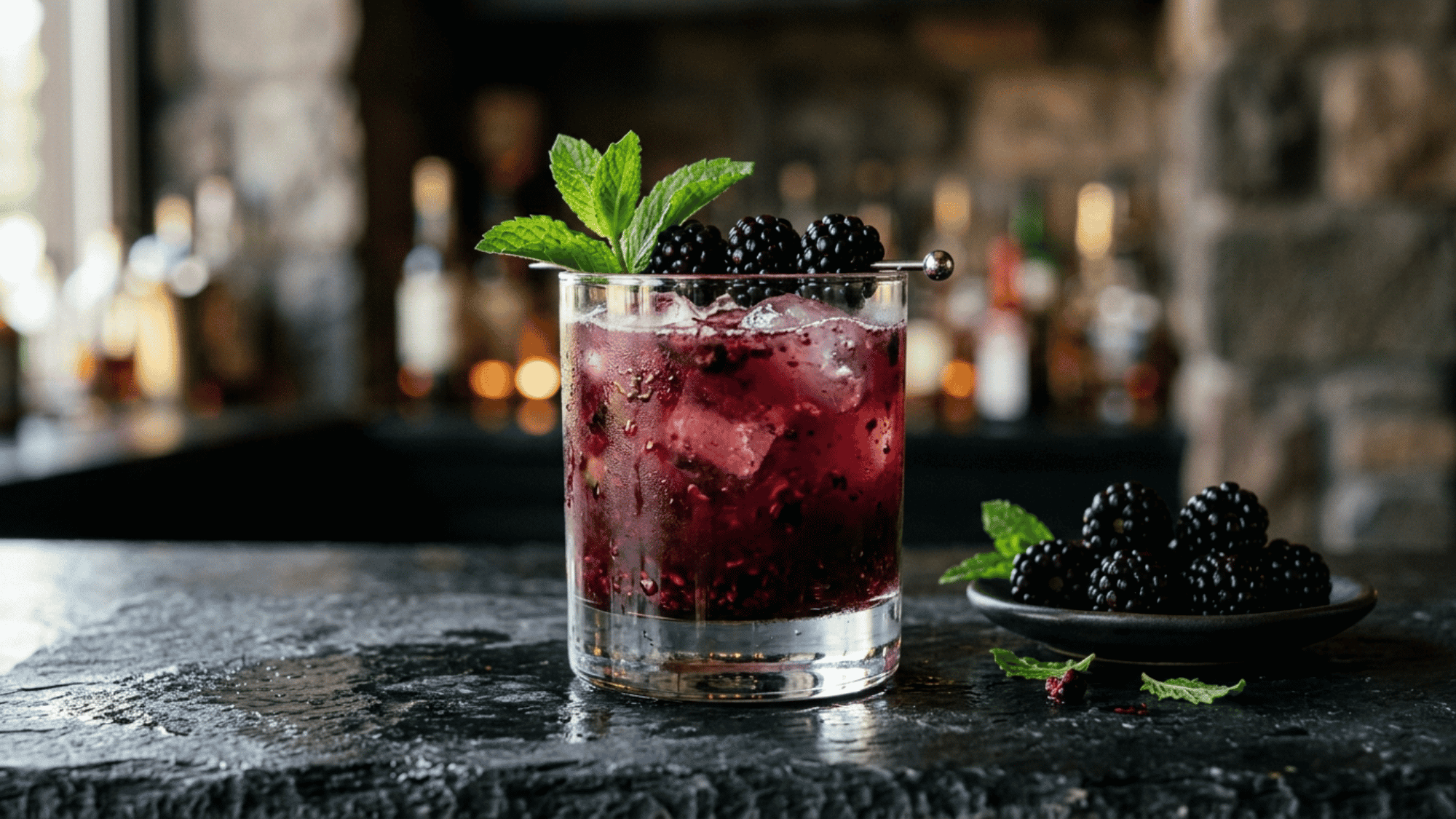Blackberry gin smash with mint, ice, and fresh berries on a dark bar counter