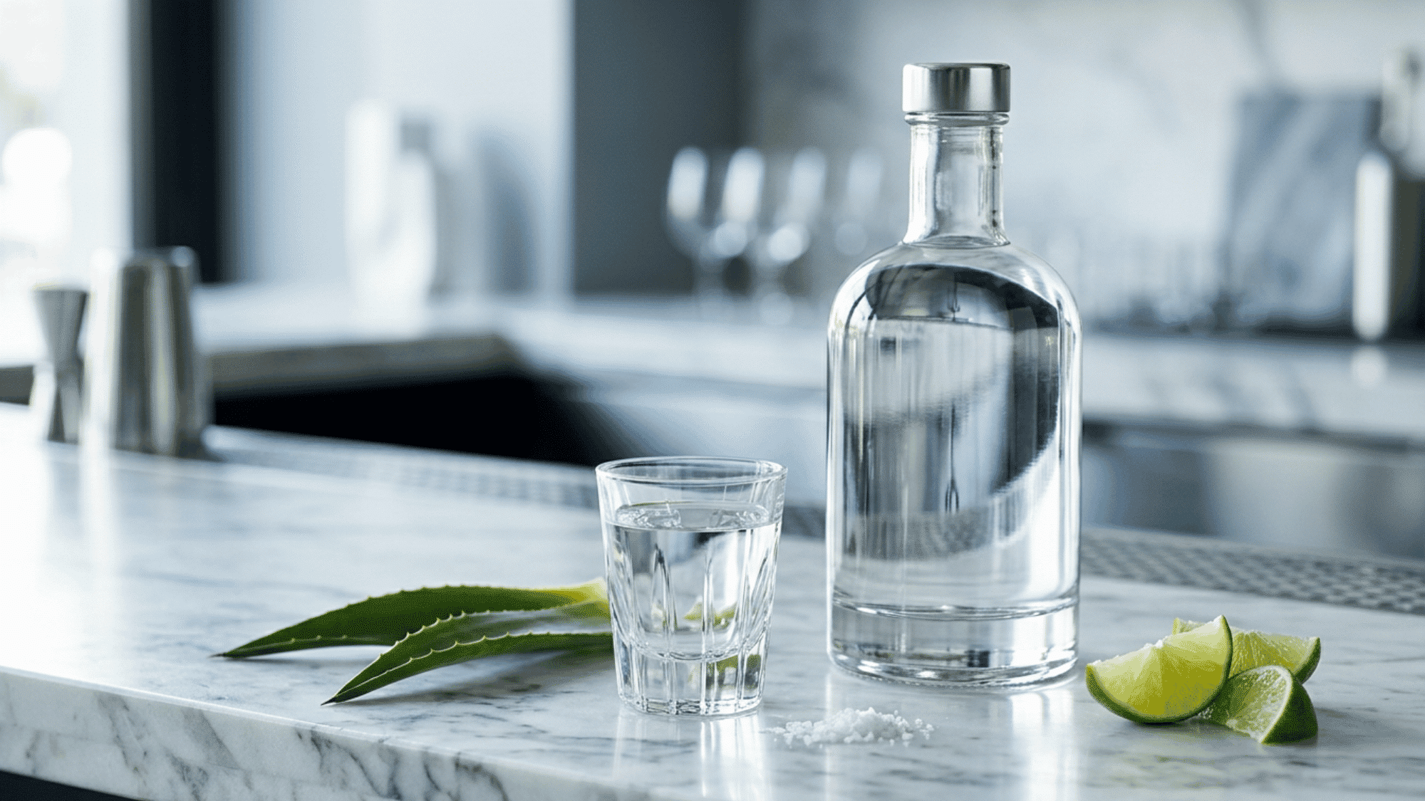 A close-up shot of a standard 1.5-ounce pour of clear silver tequila in a shot glass, sitting on a bar counter with a lime slice.