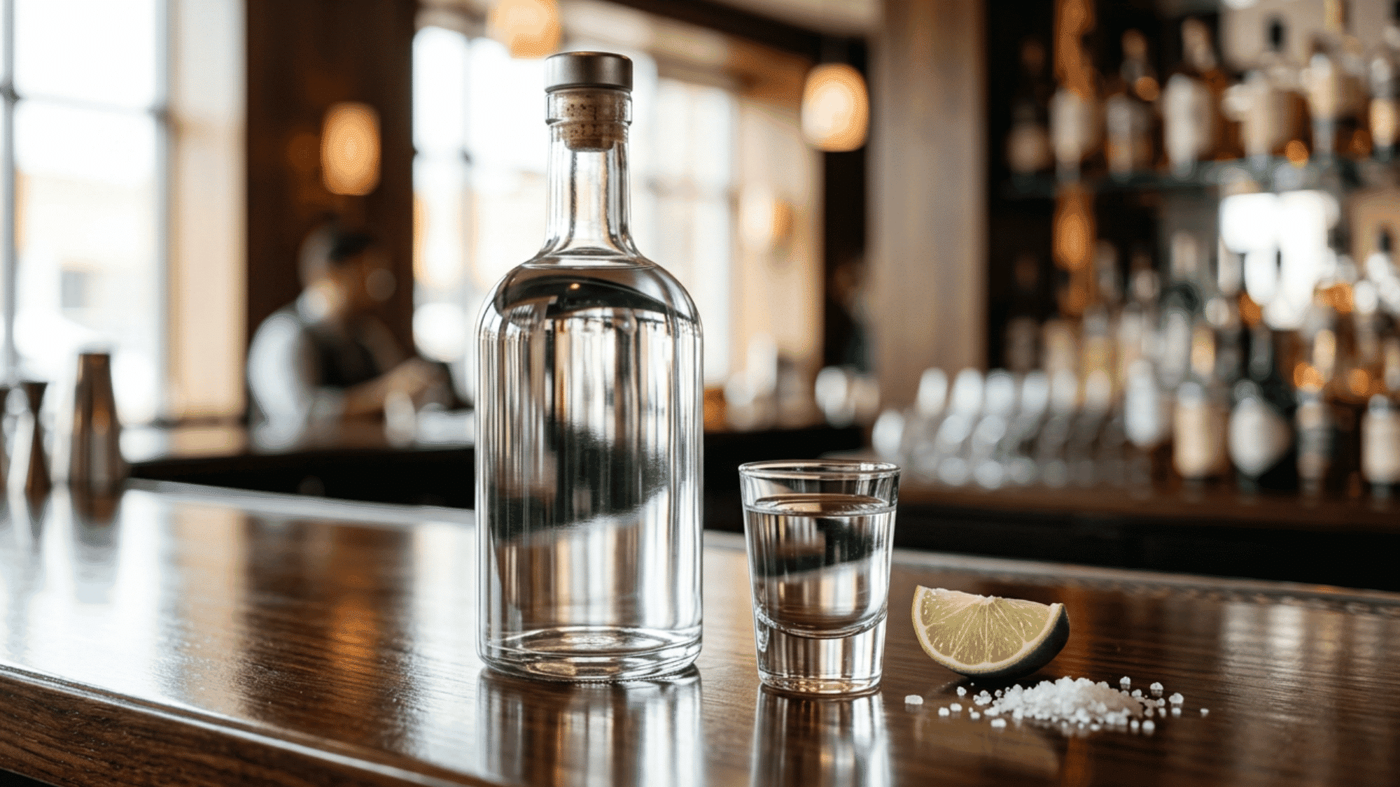 A clear glass bottle of artisan blanco tequila sitting on a rustic wooden counter next to fresh lime slices and agave plant leaves.