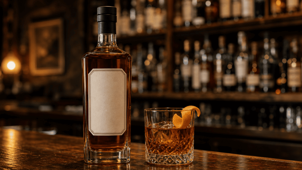 Bottle of blended whiskey with an old fashioned cocktail on a bar counter in a whiskey lounge.