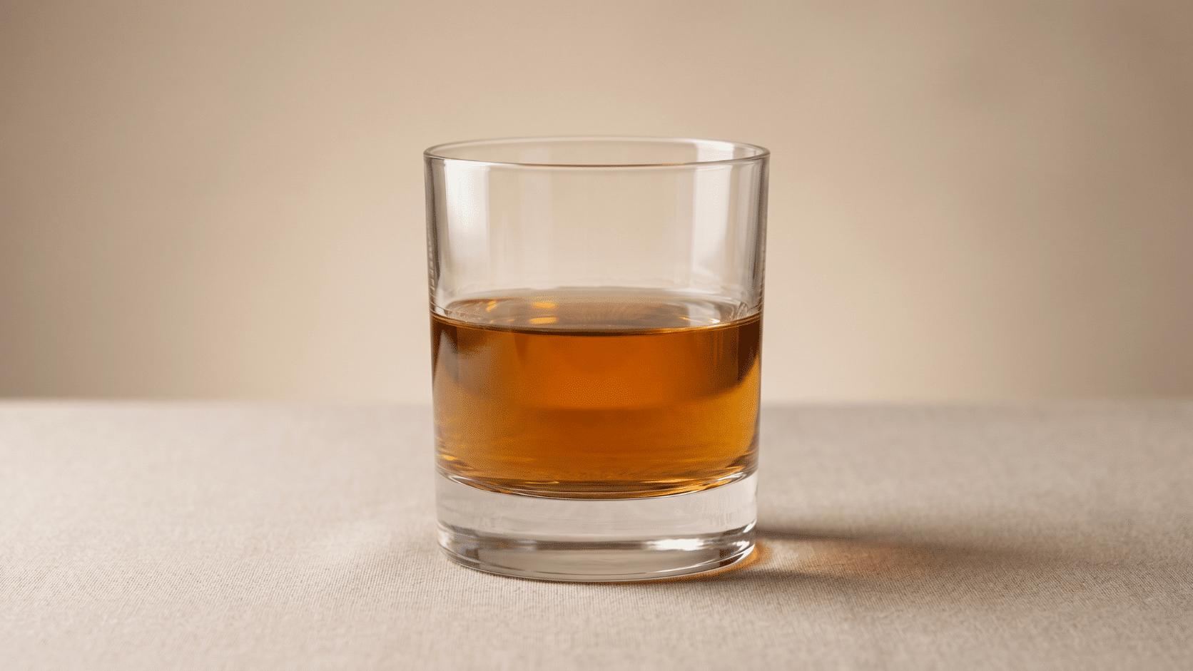 Close-up of a glass of blended whiskey with amber liquid on a neutral background, soft lighting shot.