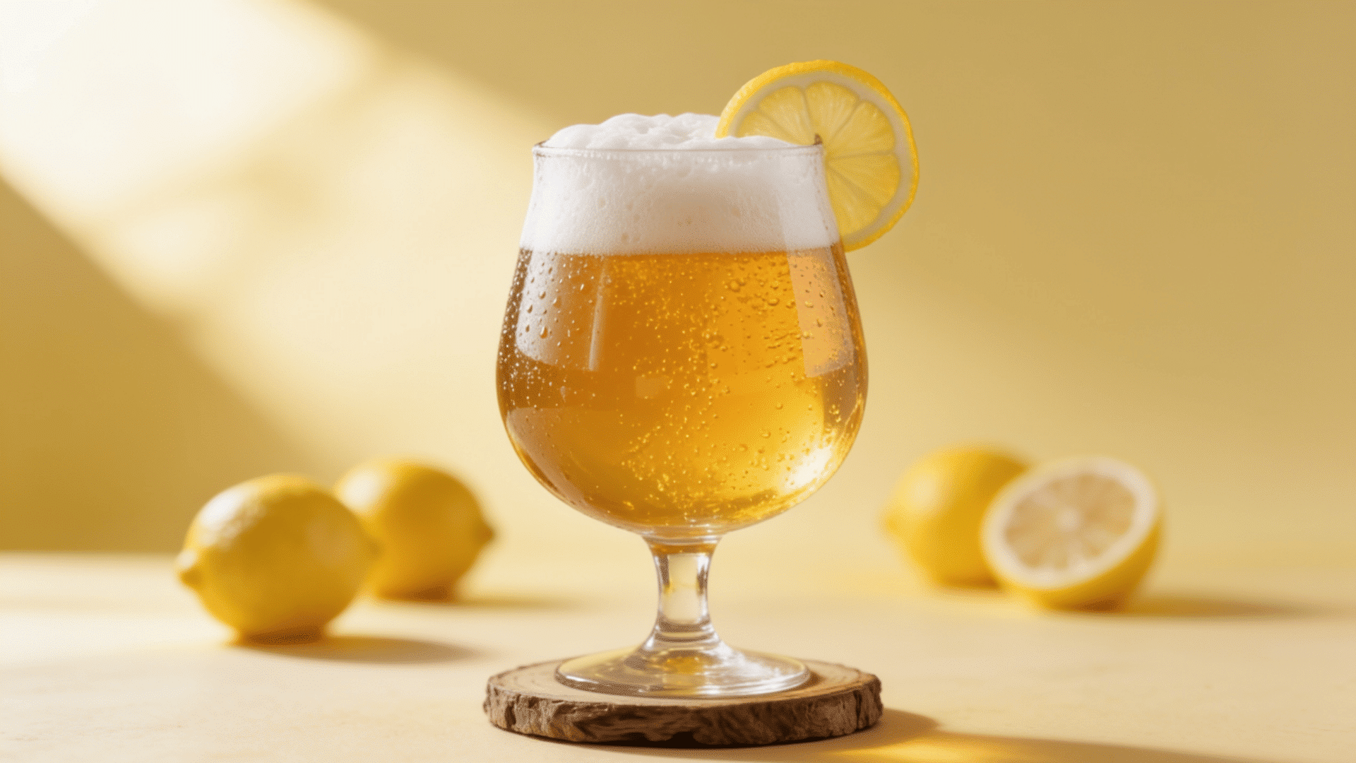 blonde ale shown with a soft yellow background and lemons around it