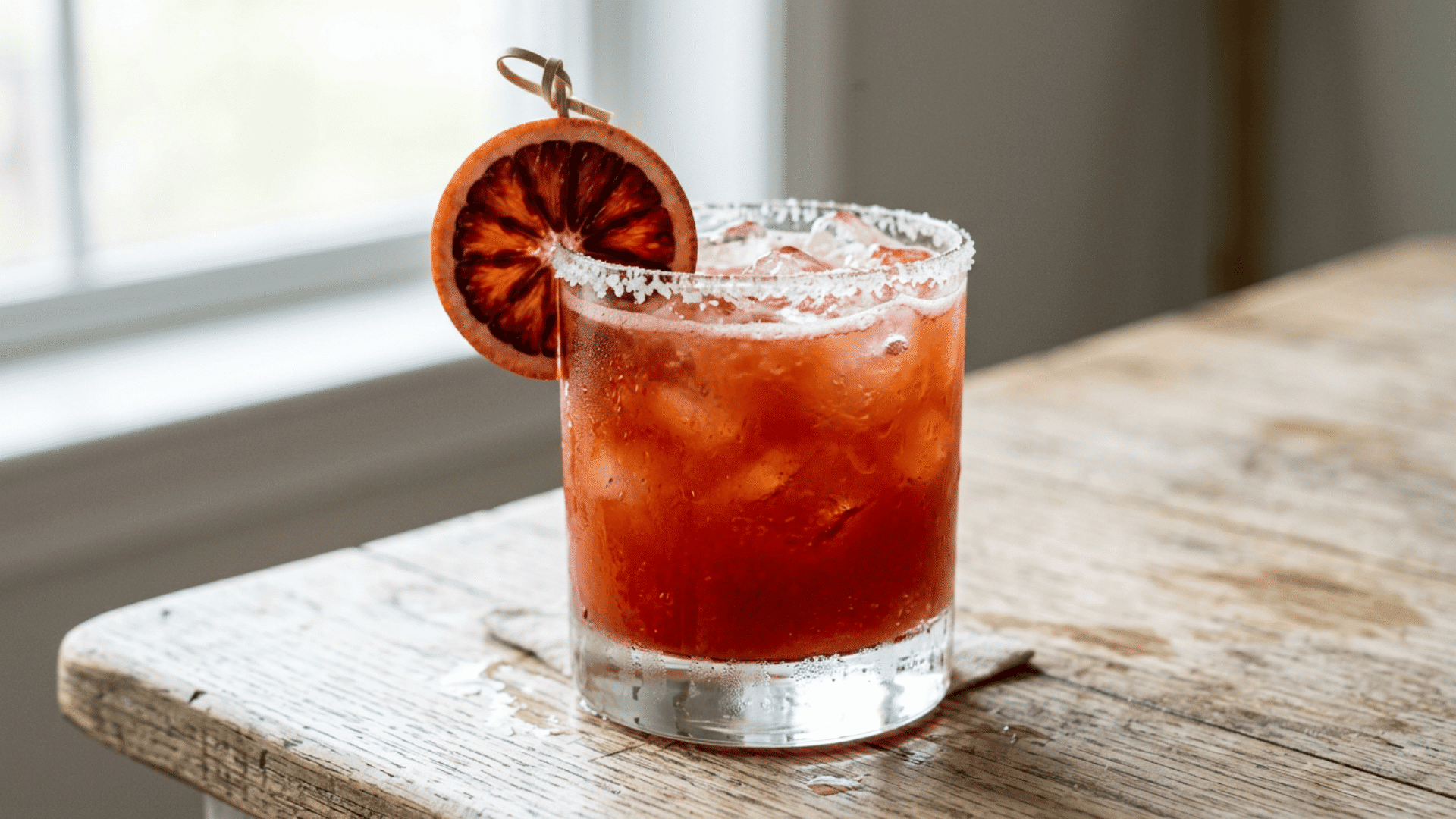 Blood orange margarita over ice with a thin blood orange wheel garnish