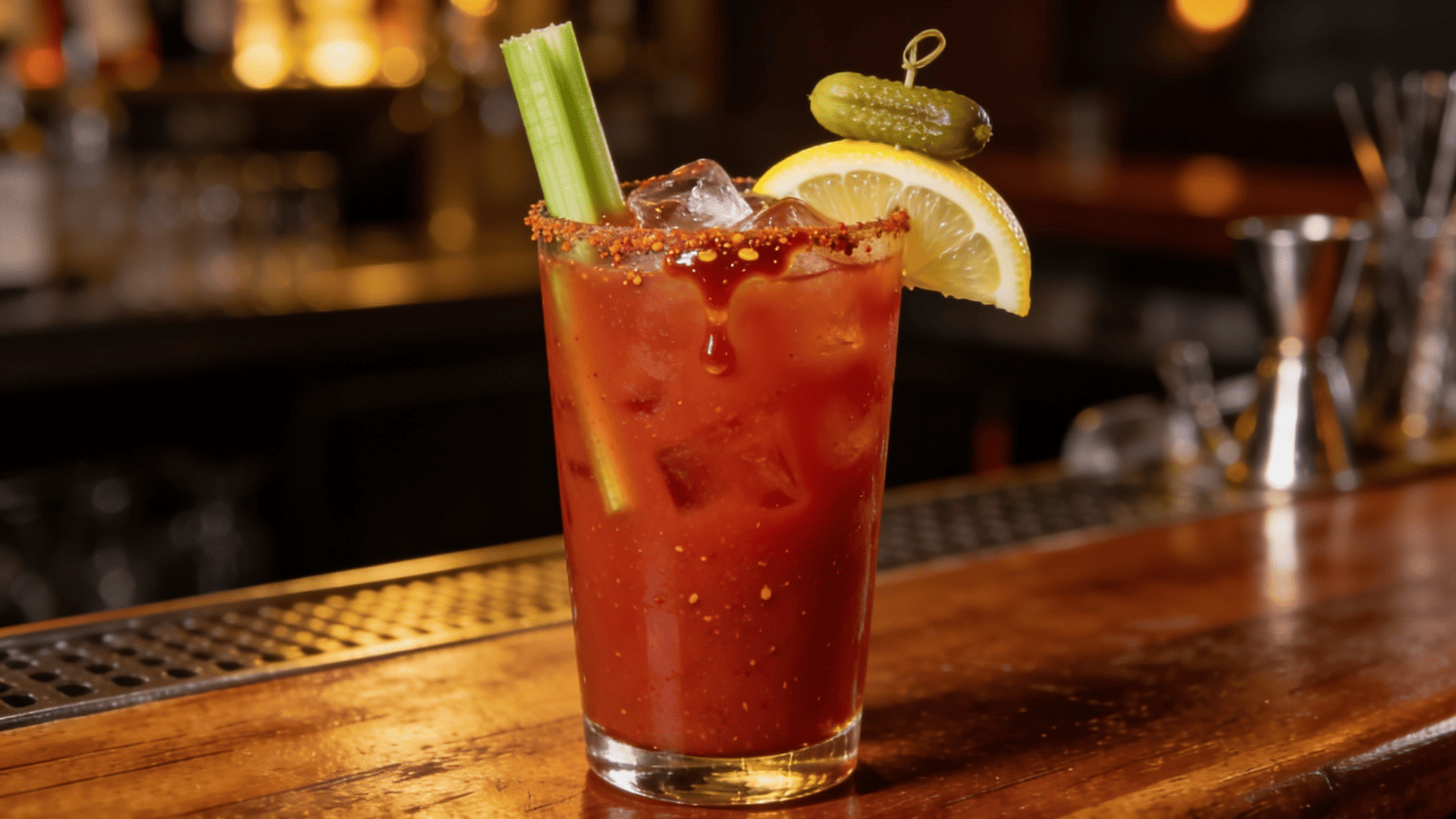 spicy bloody mary with celery, lemon, pickle, and seasoned rim on a bar