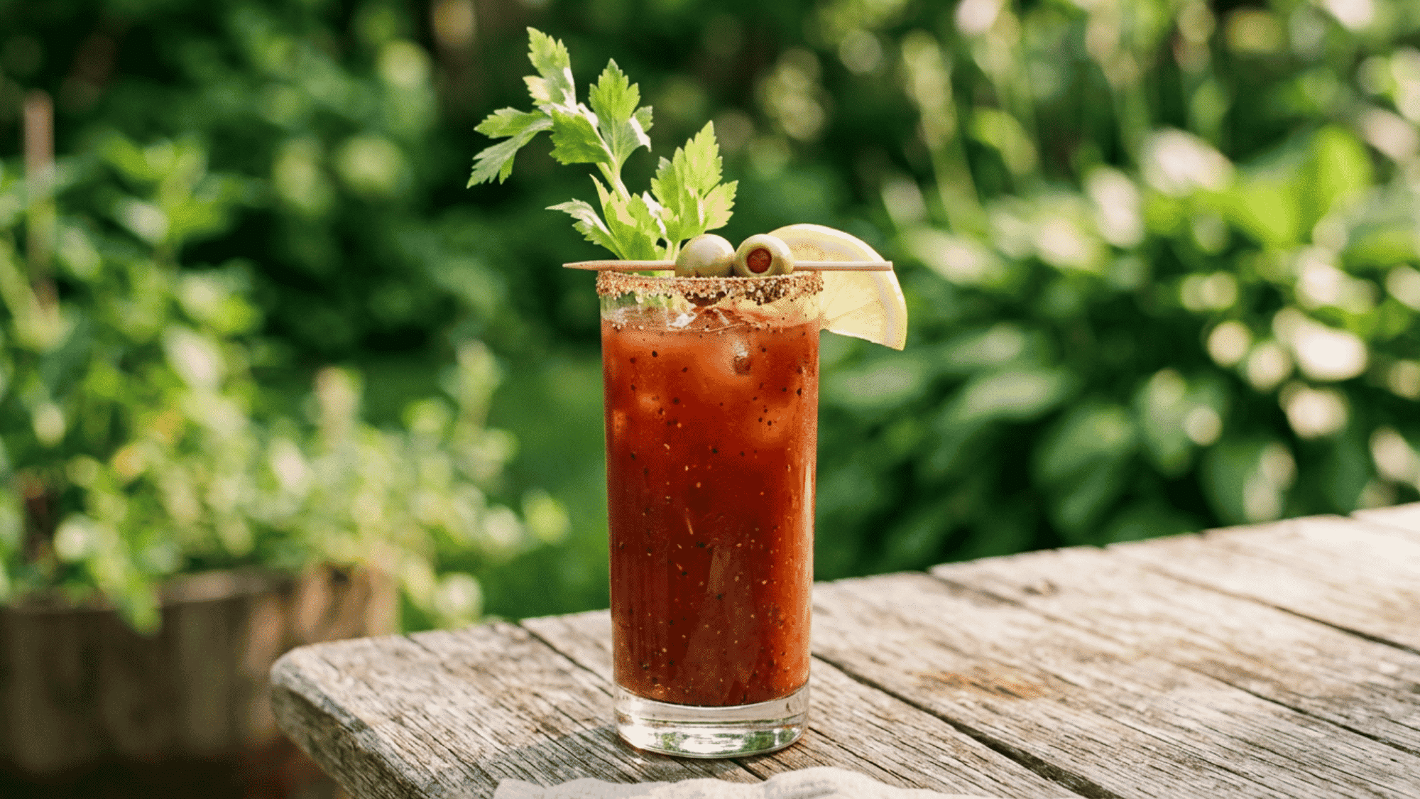 Bloody Mary with celery, lemon, olives, and seasoned rim in a tall glass
