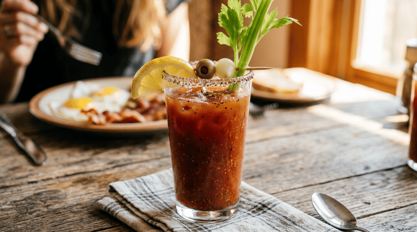 Bloody Mary in a pint glass with celery stalk and lemon wedge garnish