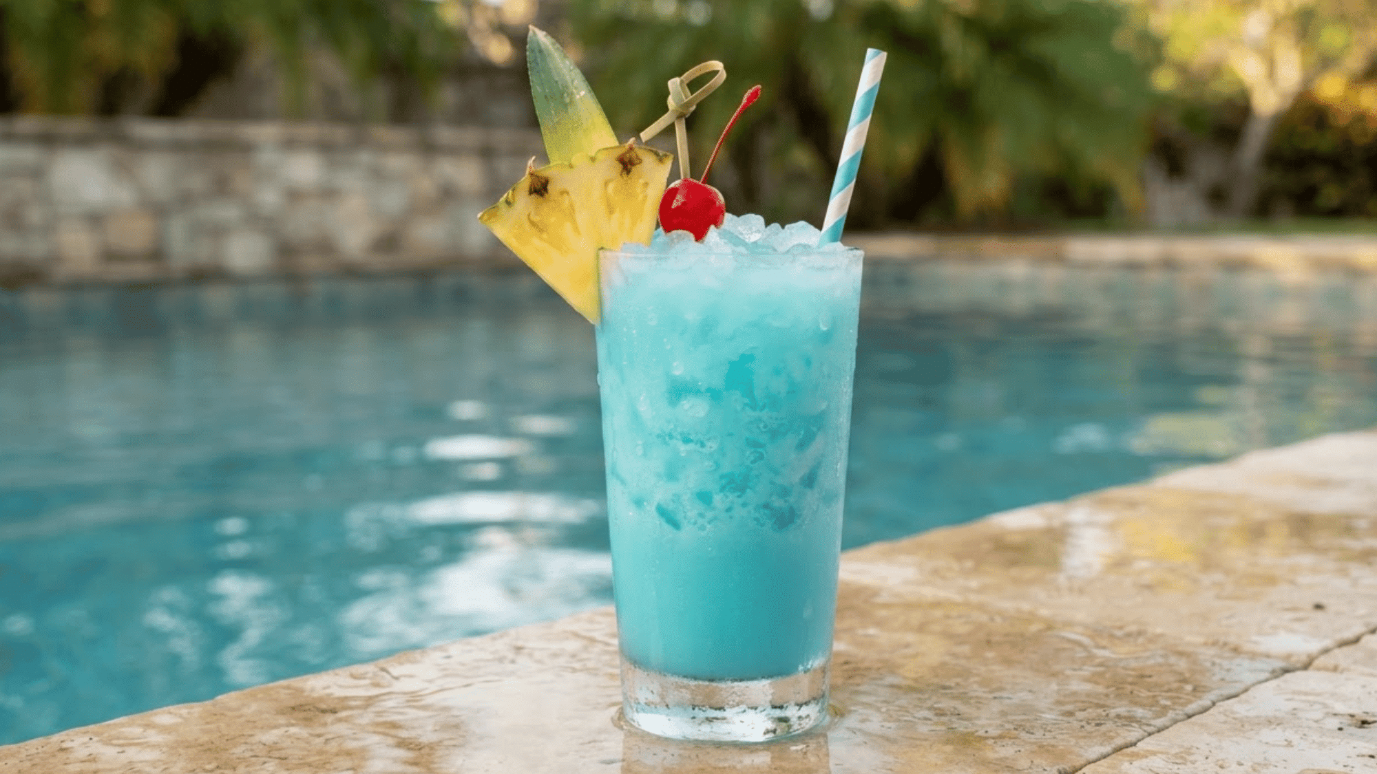 Blue Hawaiian cocktail with bright blue color, pineapple, cherry, and ice.