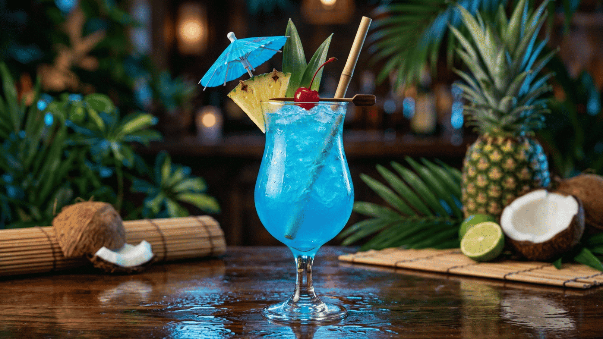 Blue Hawaiian cocktail with pineapple, cherry, coconut, lime, and tropical bar decor